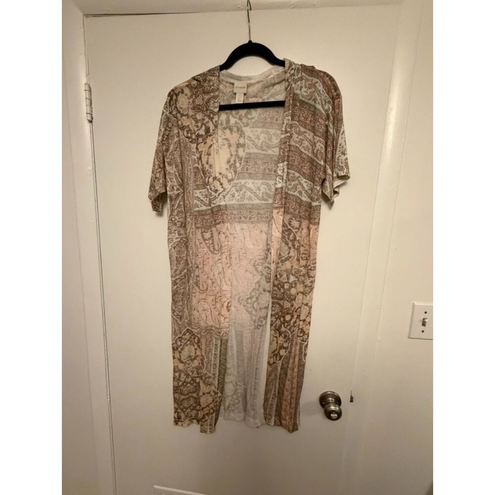 Chico's Size 1 long Cardigan Cover up Leilani paisley ramie/rayon Med